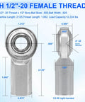 Diagram of economy adjustable heim joint rod end kit with right hand 1/2-20 thread and 1/2 inch bore, dimensions labeled.