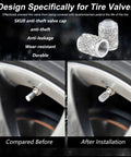 4 Pack Bling Crystal Tire Valve Caps With Rhinestones shown before and after installation on car wheel, highlighting waterproof and dustproof features