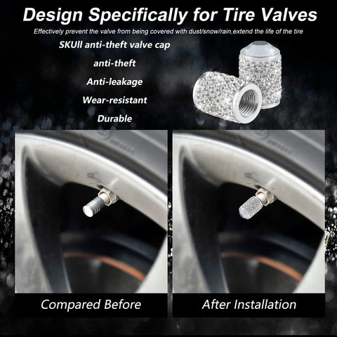 4 Pack Bling Crystal Tire Valve Caps With Rhinestones shown before and after installation on car wheel, highlighting waterproof and dustproof features