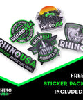 Set of Rhino USA adventure-themed stickers with logos and graphics in various shapes. Includes mountain, rhino, and textual designs.