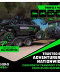 Heavy Duty Wheel Chock Tie Down Kit With 4500 Pound Break Strength Includes 2 Wheel Chocks And 4 Ratchet Straps For E Track System For ATV UTV Lawn Mower And Trailer Green Rhino USA displayed used with UTV on a trailer