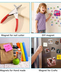 Collage showing DIY uses and applications of 400 Piece Small Magnets In Four Sizes 6x2mm 5x2mm 4x2mm 3x2mm for crafts and organization.