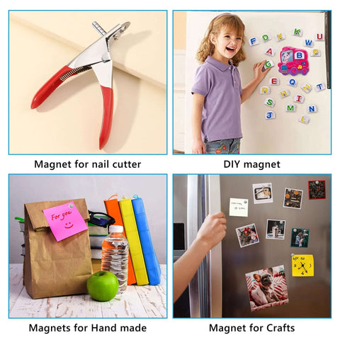 Collage showing DIY uses and applications of 400 Piece Small Magnets In Four Sizes 6x2mm 5x2mm 4x2mm 3x2mm for crafts and organization.