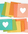 Colorful card samples with heart cut-outs using Rhombus Stripes Christmas Background Die Set For Card Making, 2 Piece Metal Cutting Dies.