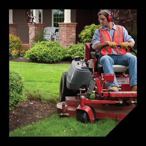 Man using riding mower equipped with Deck Leveling Gauge For Small Engine Mowers Get Even Cuts Longer Deck Life Safer Performance