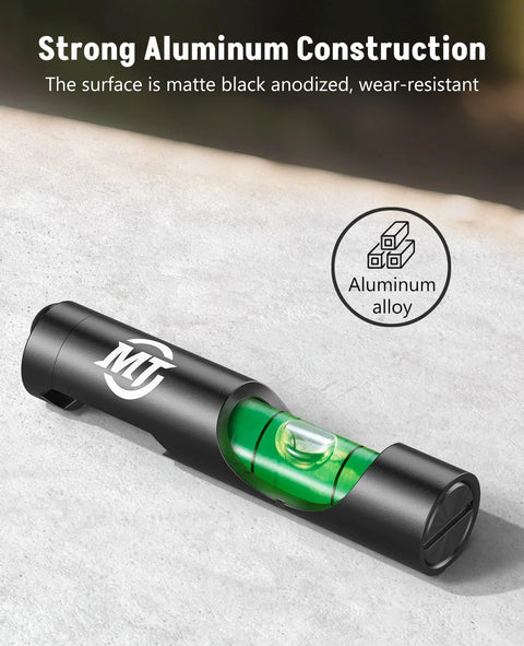 Close-up of Rifle Scope Leveling Kit with Precision Bubble Level for Aluminum Rails, featuring high visibility green bubble.