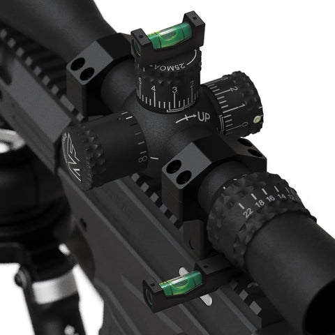 Close-up of Scope Mounting Bubble Level Kit With Magnetic Bubble Levels And Turret Gun Clamp Level For Pro Grade Rifle Optics Alignment, Aircraft Grade Aluminum With Hardcoat Anodization, Durable Bubble Vials, Protective Foam Carrier installed on a rifle scope