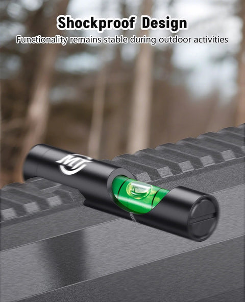 Close-up of Rifle Scope Leveling Kit With Precision Bubble Level For Aluminum Rails Easy Install On Standard Mounts Ensures Accurate Alignment And Lock In Quick Fine Tuning High Visibility Green Bubble MidTen on rifling rail.