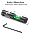 Rifle Scope Leveling Kit With Precision Bubble Level For Aluminum Rails Easy Install On Standard Mounts Ensures Accurate Alignment And Lock In Quick Fine Tuning High Visibility Green Bubble MidTen with dimensions 2.48 inch length and 0.55 inch diameter and an included hex key.