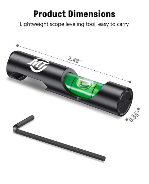 Rifle Scope Leveling Kit With Precision Bubble Level For Aluminum Rails Easy Install On Standard Mounts Ensures Accurate Alignment And Lock In Quick Fine Tuning High Visibility Green Bubble MidTen with dimensions 2.48 inch length and 0.55 inch diameter and an included hex key.