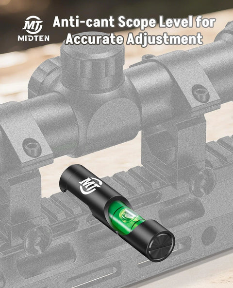 Rifle Scope Leveling Kit With Precision Bubble Level For Aluminum Rails Easy Install On Standard Mounts Ensures Accurate Alignment And Lock In Quick Fine Tuning High Visibility Green Bubble MidTen, shown on a rifle scope mount.