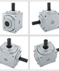 Front and side view of Beefy 40 HP 1800 RPM Right Angle Bevel Gearbox With Keyed Shaft 1 To 1, showing input and output shafts.