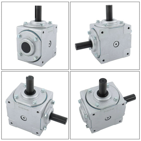 Front and side view of Beefy 40 HP 1800 RPM Right Angle Bevel Gearbox With Keyed Shaft 1 To 1, showing input and output shafts.