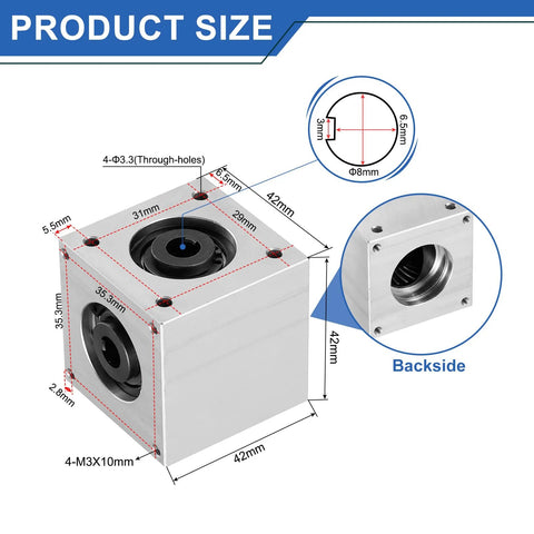 Right Angle Bevel Gearbox 1 To 1 20 Tooth Aluminum Frame 8mm Shaft, technical drawing with product dimensions.