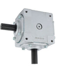 Beefy 40 HP 1800 RPM Right Angle Bevel Gearbox with Keyed Shaft 1 to 1, front view showing input and output shafts