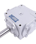 Heavy Duty 40 HP Right Angle Bevel Gearbox 1:1 1800 RPM Crosshole Keyed Shaft, front view with metal casing and shafts
