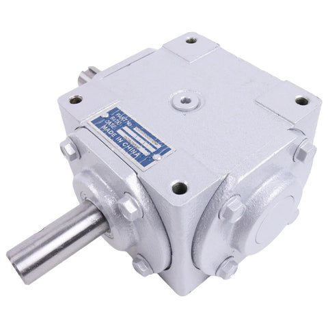 Heavy Duty 40 HP Right Angle Bevel Gearbox 1:1 1800 RPM Crosshole Keyed Shaft, front view with metal casing and shafts
