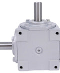 Front view of 40 HP Right Angle Bevel Gearbox With 2 Keyed Shafts CW And CW 1 To 1 1800 RPM, showing two metal shafts.