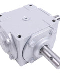 Heavy Duty 40 HP Right Angle Bevel Gearbox 1:1 1800 RPM Crosshole Keyed Shaft, silver, with visible input and output shafts
