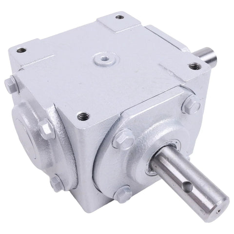 Heavy Duty 40 HP Right Angle Bevel Gearbox 1:1 1800 RPM Crosshole Keyed Shaft, silver, with visible input and output shafts