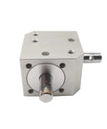 Front view of a Beefy Right Angle Bevel Gearbox 1 Module 20 Teeth 8mm Shaft 90 Degree Drive, showing metal casing and shaft.