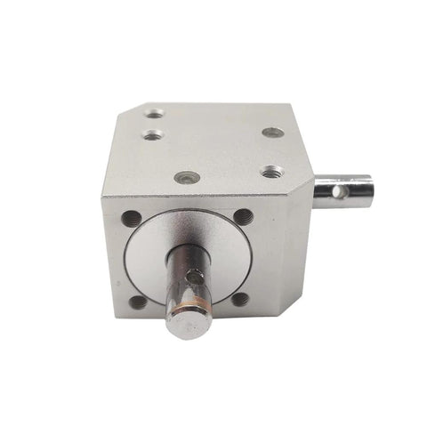 Front view of a Beefy Right Angle Bevel Gearbox 1 Module 20 Teeth 8mm Shaft 90 Degree Drive, showing metal casing and shaft.