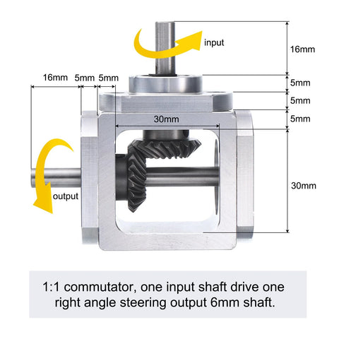 Right Angle Bevel Gearbox 1to1 6mm Shaft 1 Module 20 Teeth Aluminum Frame DIY side view with dimensions