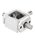 Right Angle Bevel Gearbox 1to1 20 Teeth Aluminum Frame Dual Output 10mm Shaft, visible interior gears, front view