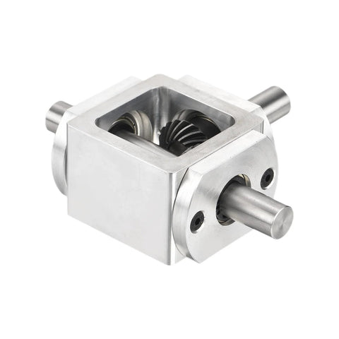 Right Angle Bevel Gearbox 1to1 20 Teeth Aluminum Frame Dual Output 10mm Shaft, visible interior gears, front view