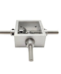 Front view of Right Angle Bevel Gearbox 1 Module 20 Teeth 90 Degree Drive For DIY Nerds with aluminum alloy housing and steel gears.