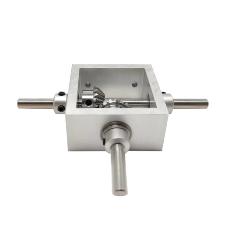 Front view of Right Angle Bevel Gearbox 1 Module 20 Teeth 90 Degree Drive For DIY Nerds with aluminum alloy housing and steel gears.