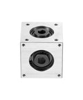 Front view of Right Angle Bevel Gearbox 1 To 1 20 Tooth Aluminum Frame 8mm Shaft showing round metal components.