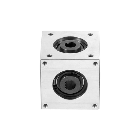 Front view of Right Angle Bevel Gearbox 1 To 1 20 Tooth Aluminum Frame 8mm Shaft showing round metal components.