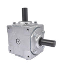 Beefy 40 HP Right Angle Bevel Gearbox With 2 Keyed Shafts 1 To 1 Cast Iron, silver cast iron housing, front view