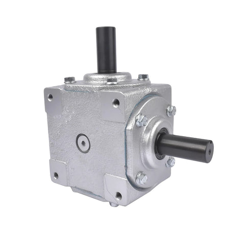 Beefy 40 HP Right Angle Bevel Gearbox With 2 Keyed Shafts 1 To 1 Cast Iron, silver cast iron housing, front view