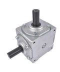 Beefy 40 HP Right Angle Bevel Gearbox With 2 Keyed Shafts 1 To 1 Cast Iron, shown from a top-side angle view with black shafts