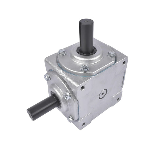 Beefy 40 HP Right Angle Bevel Gearbox With 2 Keyed Shafts 1 To 1 Cast Iron, shown from a top-side angle view with black shafts