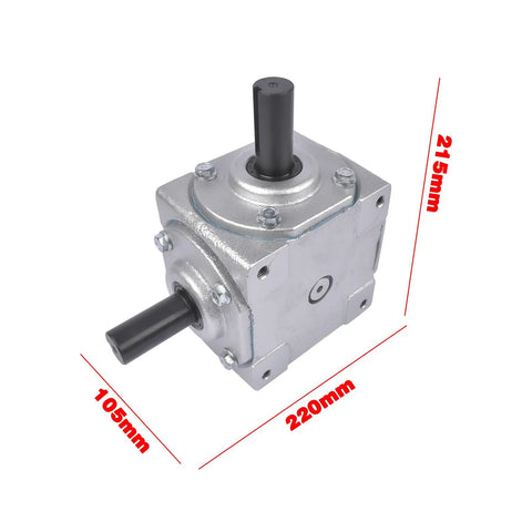Front view of a Beefy 40 HP Right Angle Bevel Gearbox With 2 Keyed Shafts 1 To 1 Cast Iron, dimensions marked in millimeters.