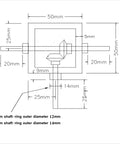 Technical diagram of Right Angle Bevel Gearbox 1 Module 20 Teeth 90 Degree Drive For DIY Nerds showing dimensions and shafts.
