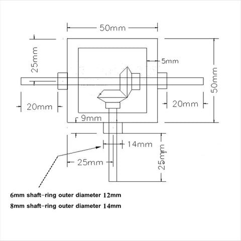 Technical diagram of Right Angle Bevel Gearbox 1 Module 20 Teeth 90 Degree Drive For DIY Nerds showing dimensions and shafts.
