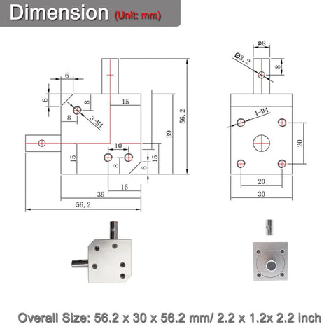 Technical drawings and dimensions of Beefy Right Angle Bevel Gearbox 1 Module 20 Teeth 8mm Shaft 90 Degree Drive