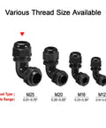 Various thread size cable glands including M25 Cable Gland 90 Degree Adjustable Right Angle Strain Relief For 13 To 18mm Cables