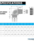 Specifications chart for Half Inch Right Angle Cable Gland 14 NPT 20 Pack Nylon Cord Grip And Strain Relief Built Tough Waterproof Adjustable Locknut Industrial Grade Flame Retardant RoHS Compliant.