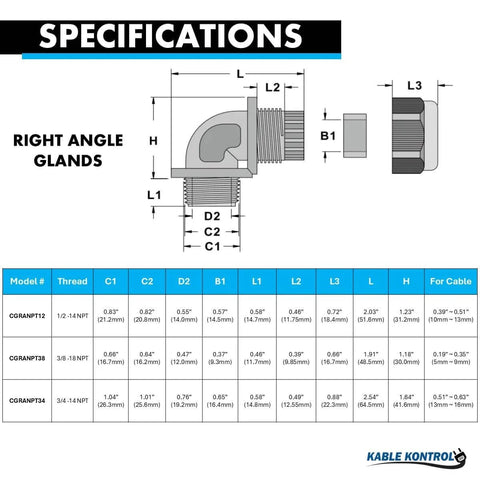 Specifications chart for Half Inch Right Angle Cable Gland 14 NPT 20 Pack Nylon Cord Grip And Strain Relief Built Tough Waterproof Adjustable Locknut Industrial Grade Flame Retardant RoHS Compliant.