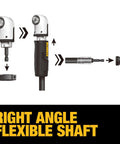 Right Angle Drill Attachment 4-In-1 System with 12-Inch Flexible Shaft showing assembly and usage instructions
