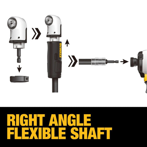 Right Angle Drill Attachment 4-In-1 System with 12-Inch Flexible Shaft showing assembly and usage instructions