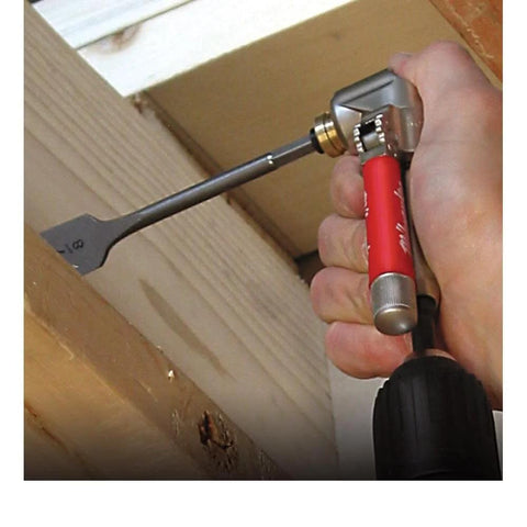 Using One Quarter Inch 90 Degree Angle Offset Power Groove Drive Adapter 49-22-8510 for tight space drilling in wood