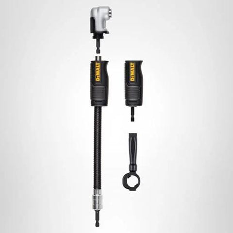 Right Angle Drill Attachment 4-In-1 System With 12-Inch Compact Straight Flexible Shaft 90 Degree Drill Adapter components displayed