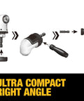 Right Angle Drill Attachment 4-In-1 System with 12-Inch Compact Flexible Shaft, modular right angle setup illustration.