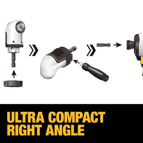 Right Angle Drill Attachment 4-In-1 System with 12-Inch Compact Flexible Shaft, modular right angle setup illustration.
